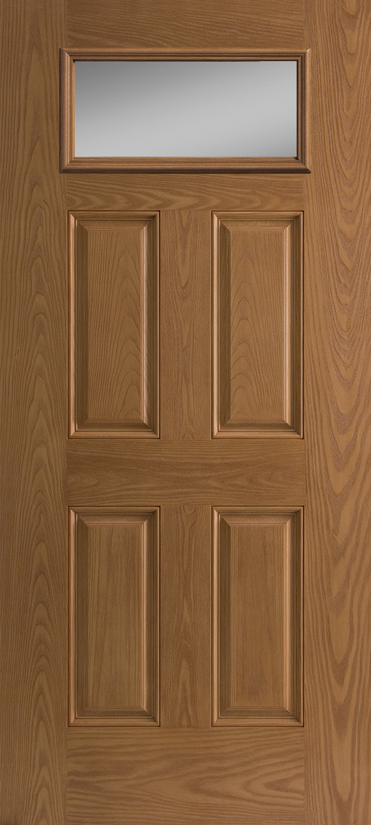 Oak textured fiberglass exterior door 4 panel with small lite rectangle